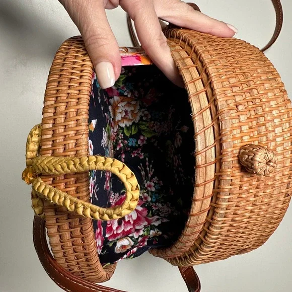 Unbranded Round Rattan Wicker Crossbody Bag Brown Boho Floral Lining - Picture 4 of 6